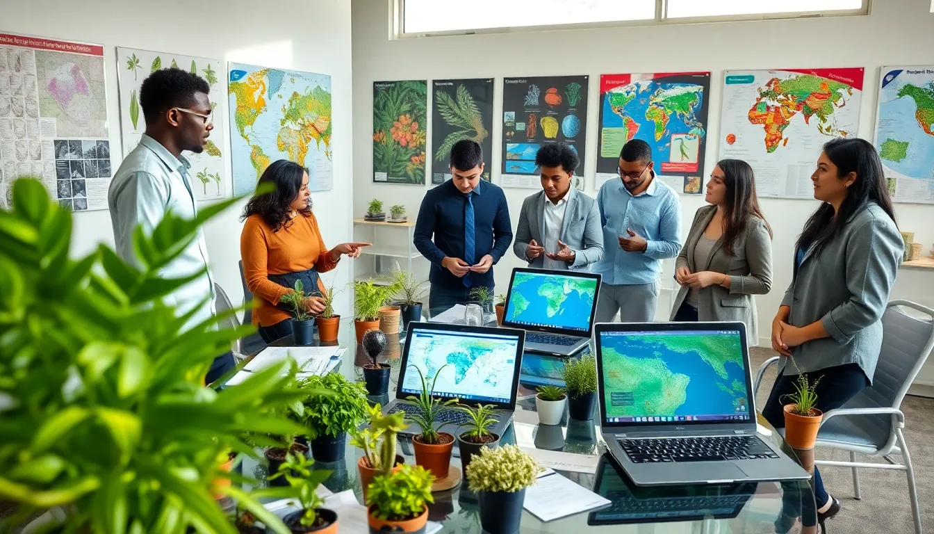 diverse team discussing plant conservation in a modern meeting room.