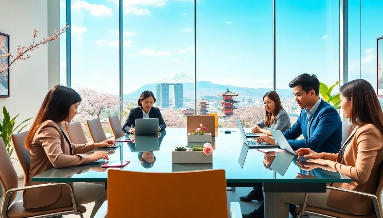 diverse remote workers collaborating in a modern Japanese workspace.