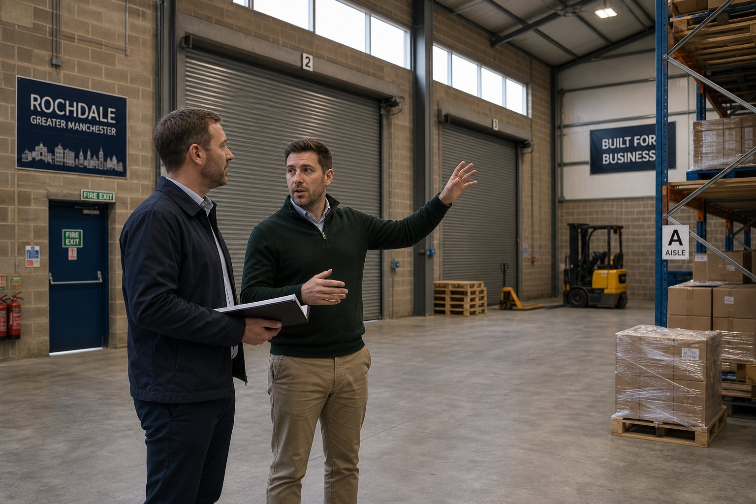 Business owner and representative inspecting a warehouse space with natural light and industrial features.