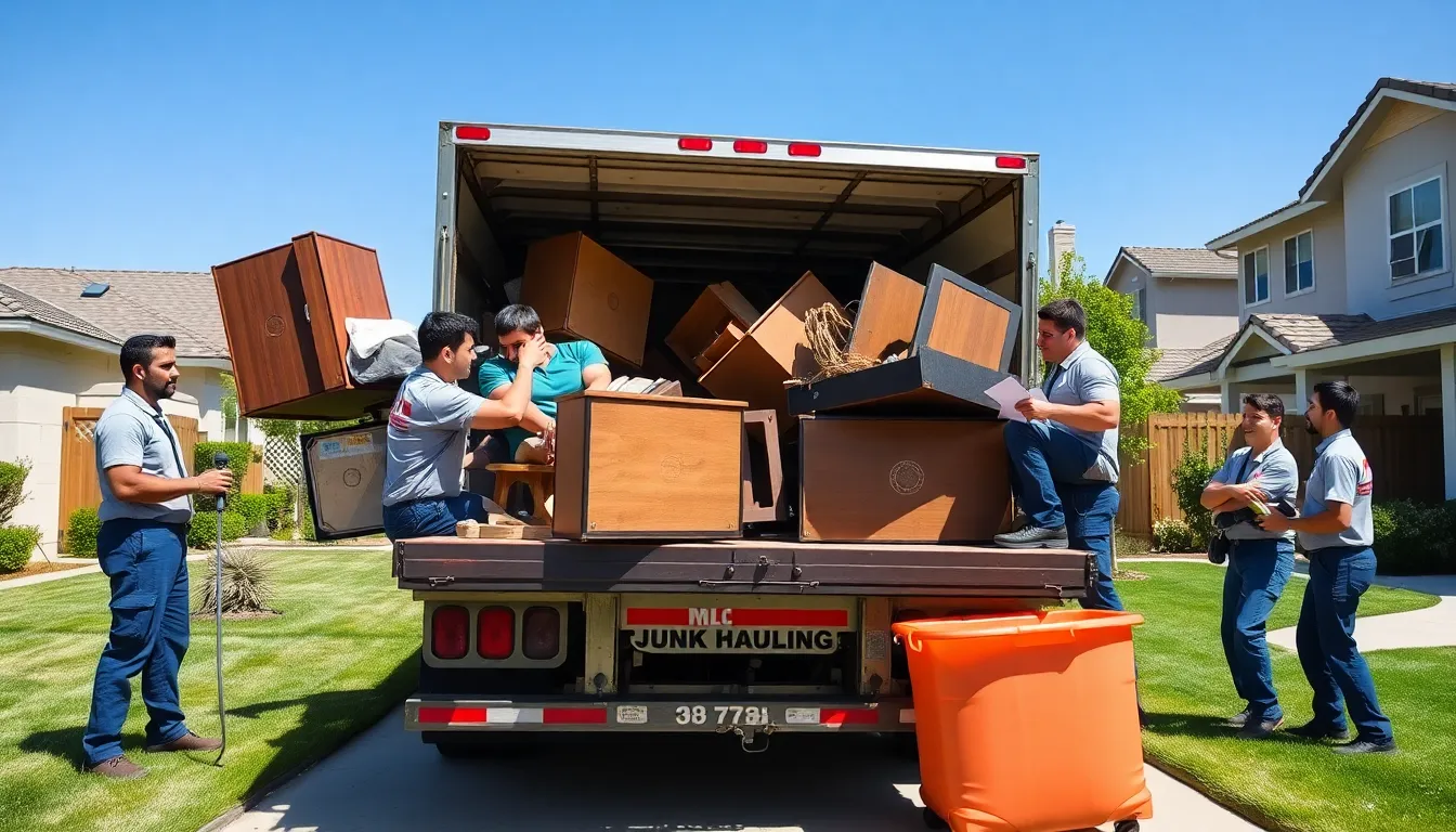 diverse junk haulers cleaning a Fresno neighborhood.