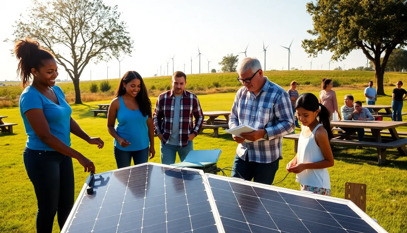 a diverse group installing solar panels in a community park.