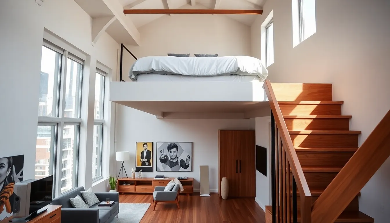 modern loft bedroom with high ceilings and cozy living area.