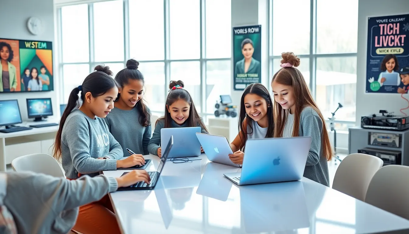 diverse girls collaborating on technology projects in a bright classroom.