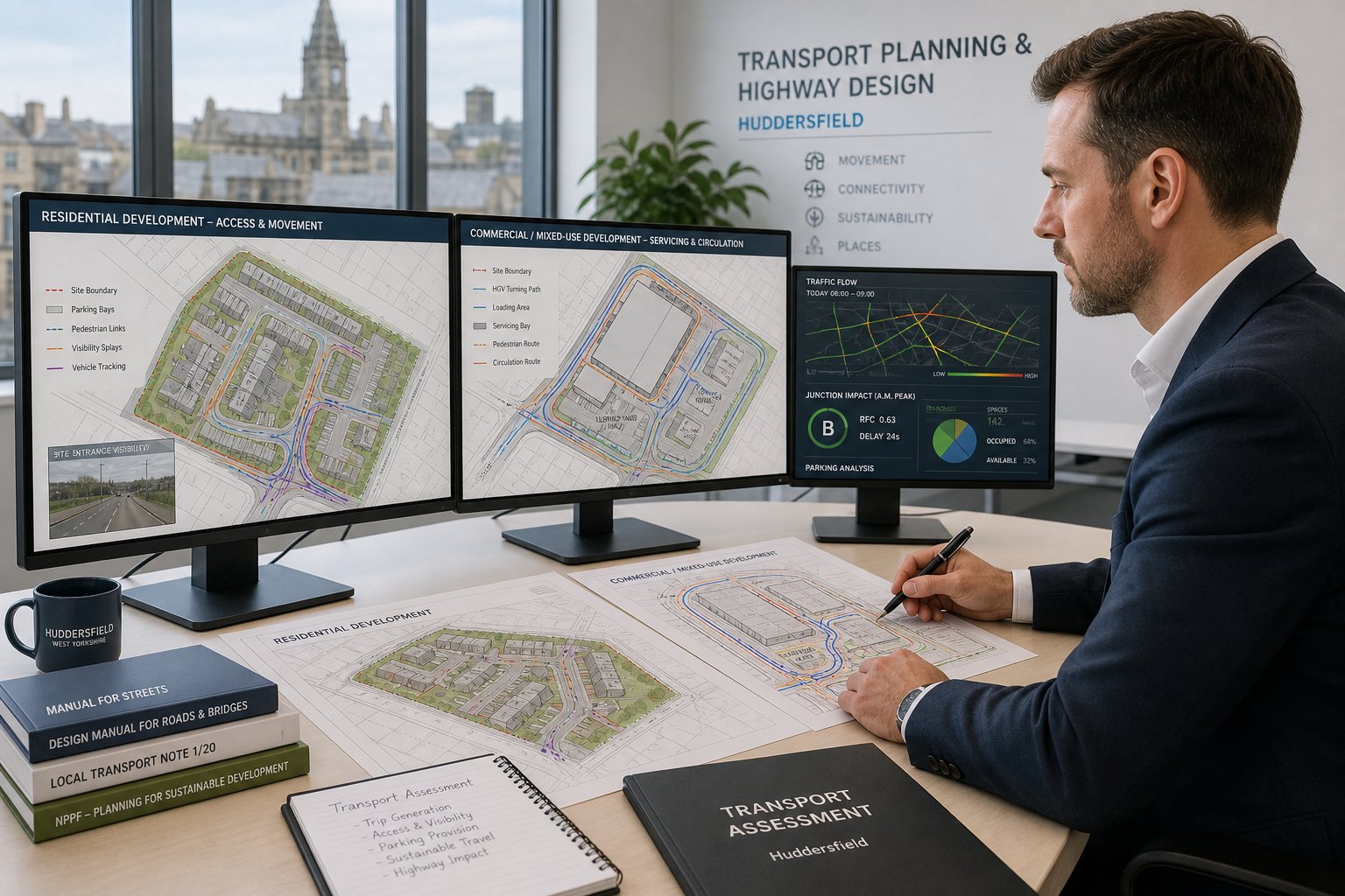 Traffic engineer reviewing residential and commercial site transport plans in office.