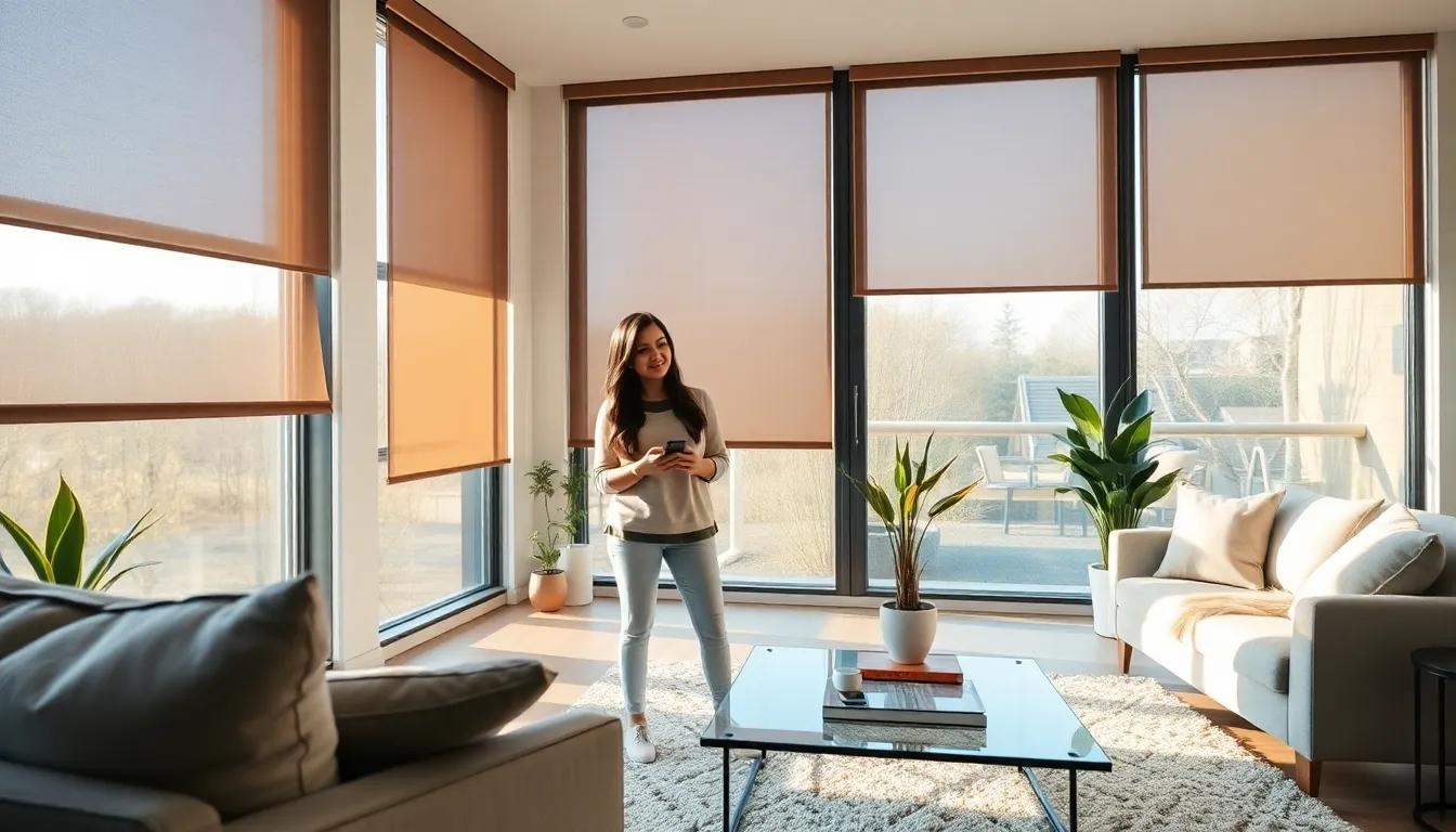 A woman adjusting smart blinds in a modern living room.