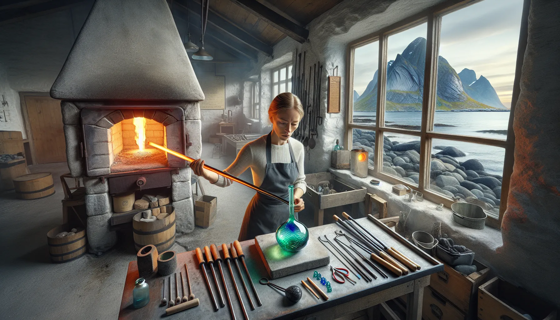 Norwegian glassblower shapes glowing glass in a lofoten studio with ocean view.