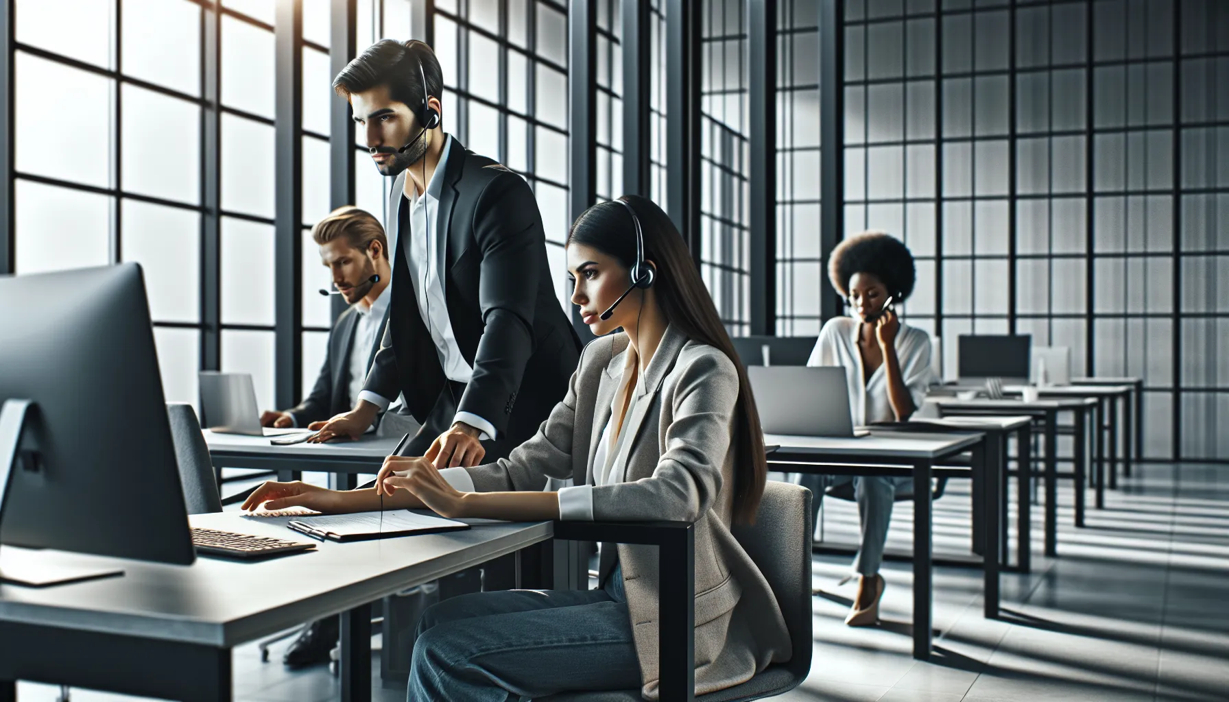 diverse team in a modern office preparing for a support call.