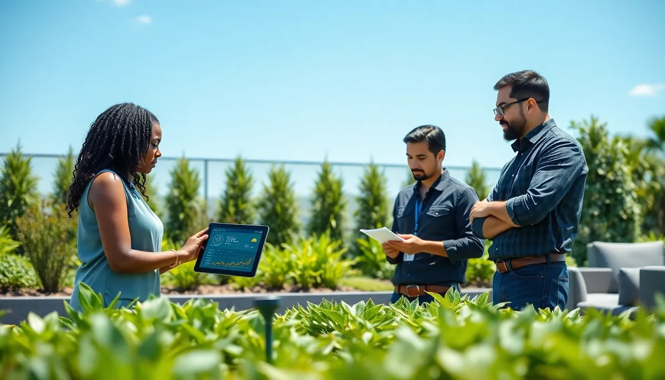 professionals discussing smart irrigation technology in a modern garden setting.