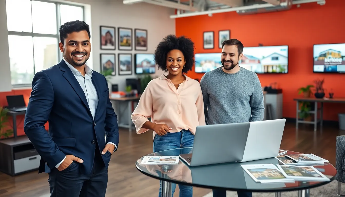 A real estate agent helping a couple in a modern office.