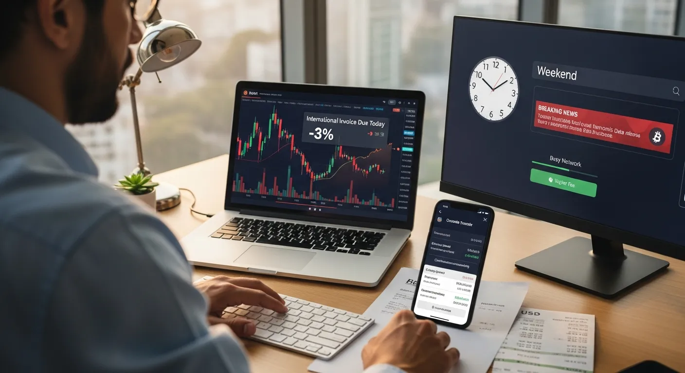 Avoid Bitcoin Volatility in International Transfers 1 U.S. business owner watches Bitcoin dip while an international invoice payment processes.