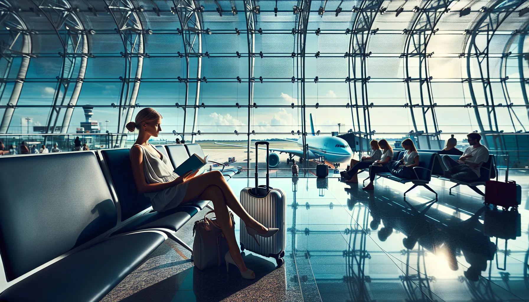 A traveler relaxes in a modern airport terminal with a guidebook.