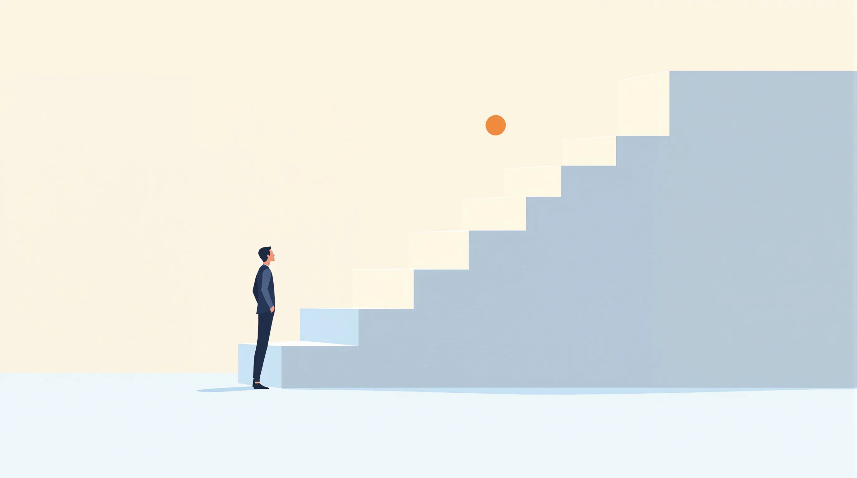 Silhouette figure climbing minimalist geometric stairs toward a goal symbol above.