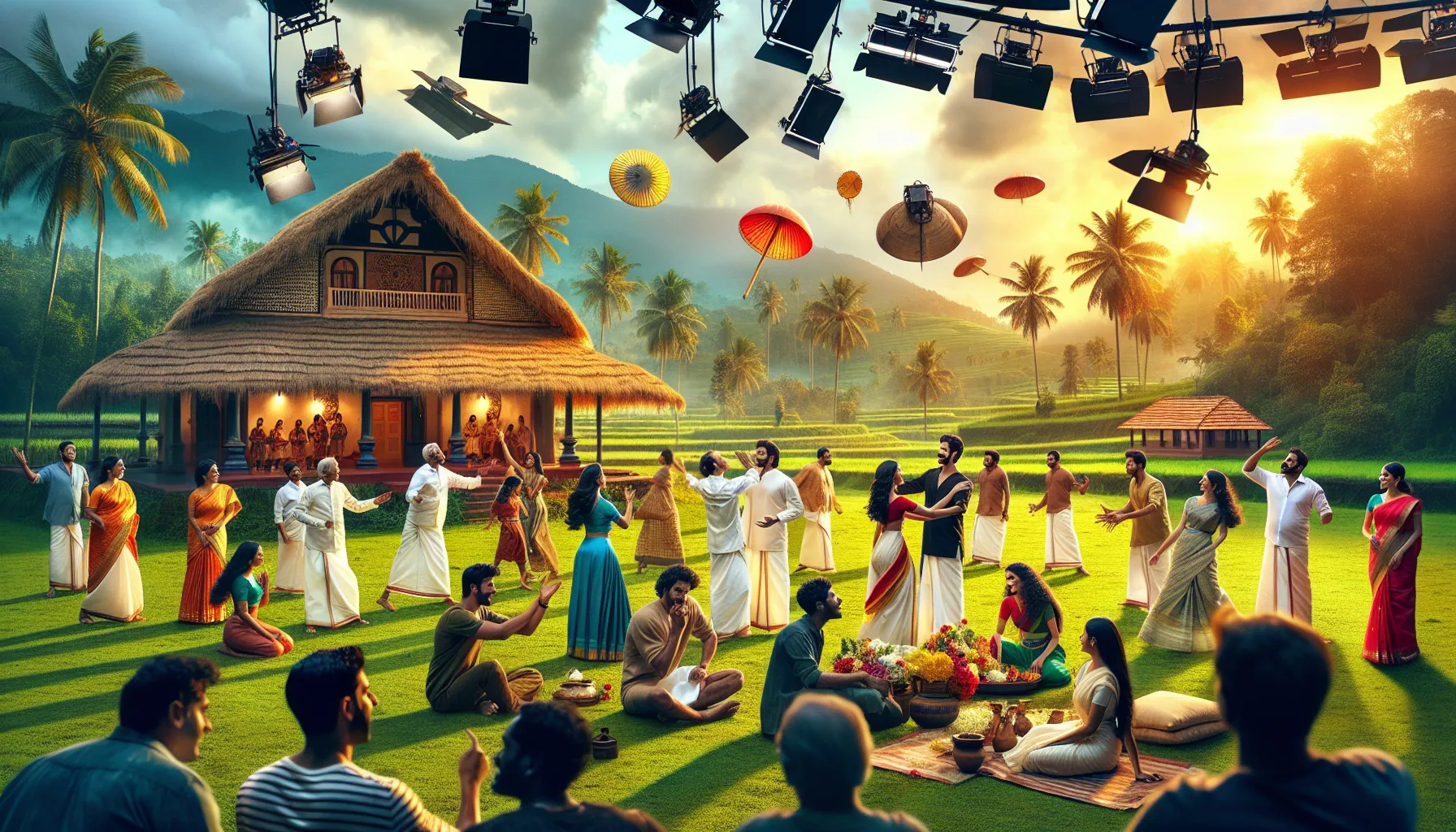 actors and crew on a lush set representing the Malayalam series Kuthira.