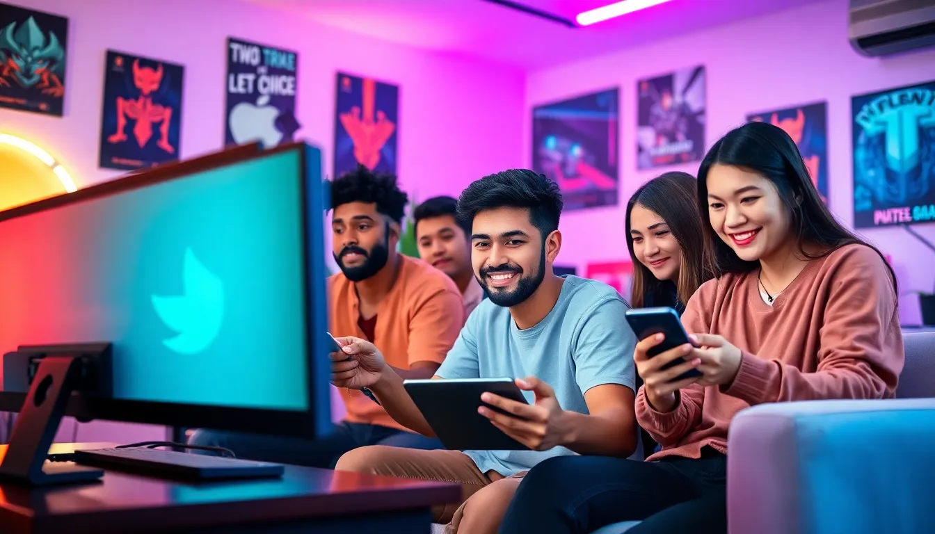 diverse gamers engaging on multiple devices in a modern gaming setup.