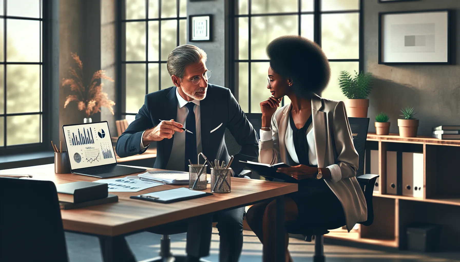 Two professionals analyzing cash flow reports in an office.
