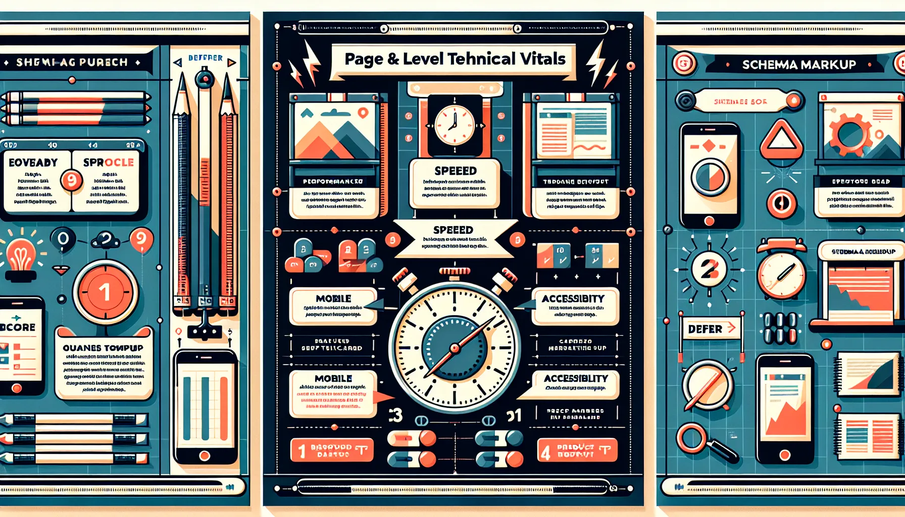 Infographic of page-level technical SEO: speed, mobile accessibility, schema markup.