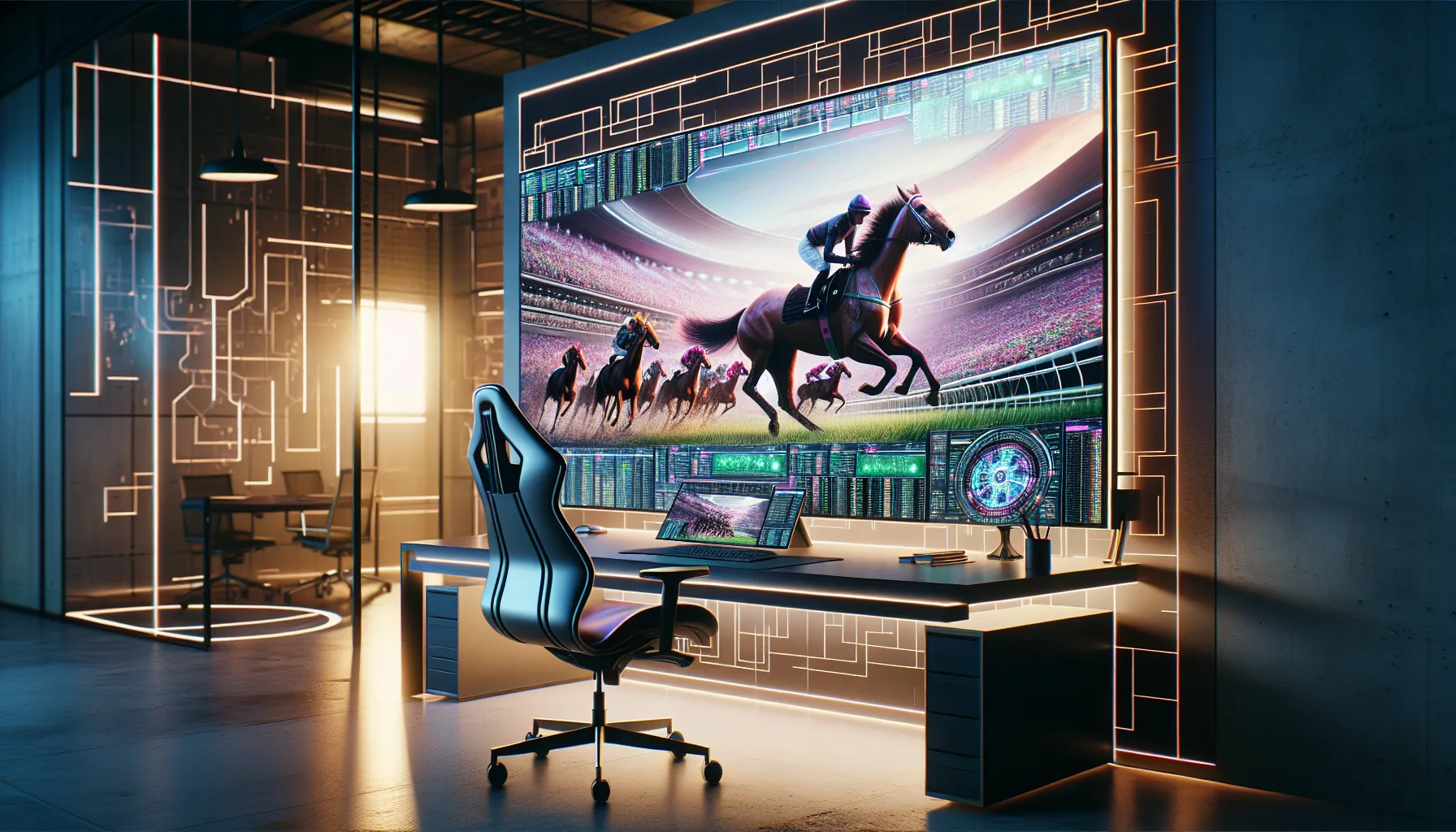 A stylish desk setup with a virtual horse race simulation displayed on the screen.
