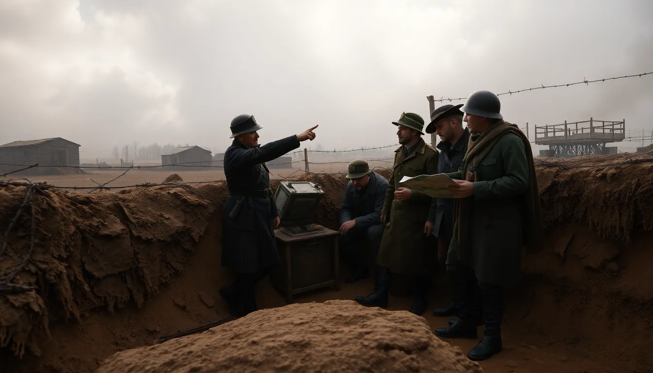 diverse soldiers strategizing in a World War I battlefield setting.