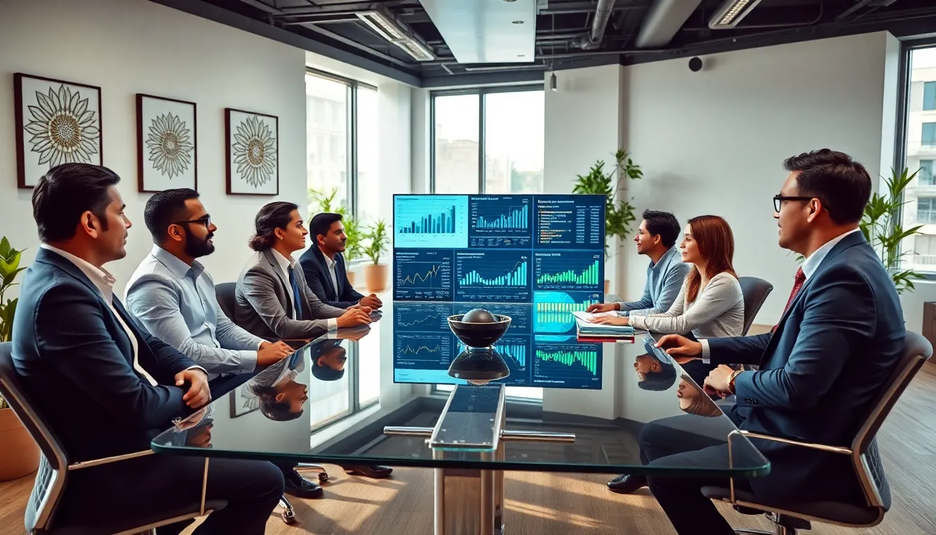 diverse professionals analyzing gaming predictions in a modern office.