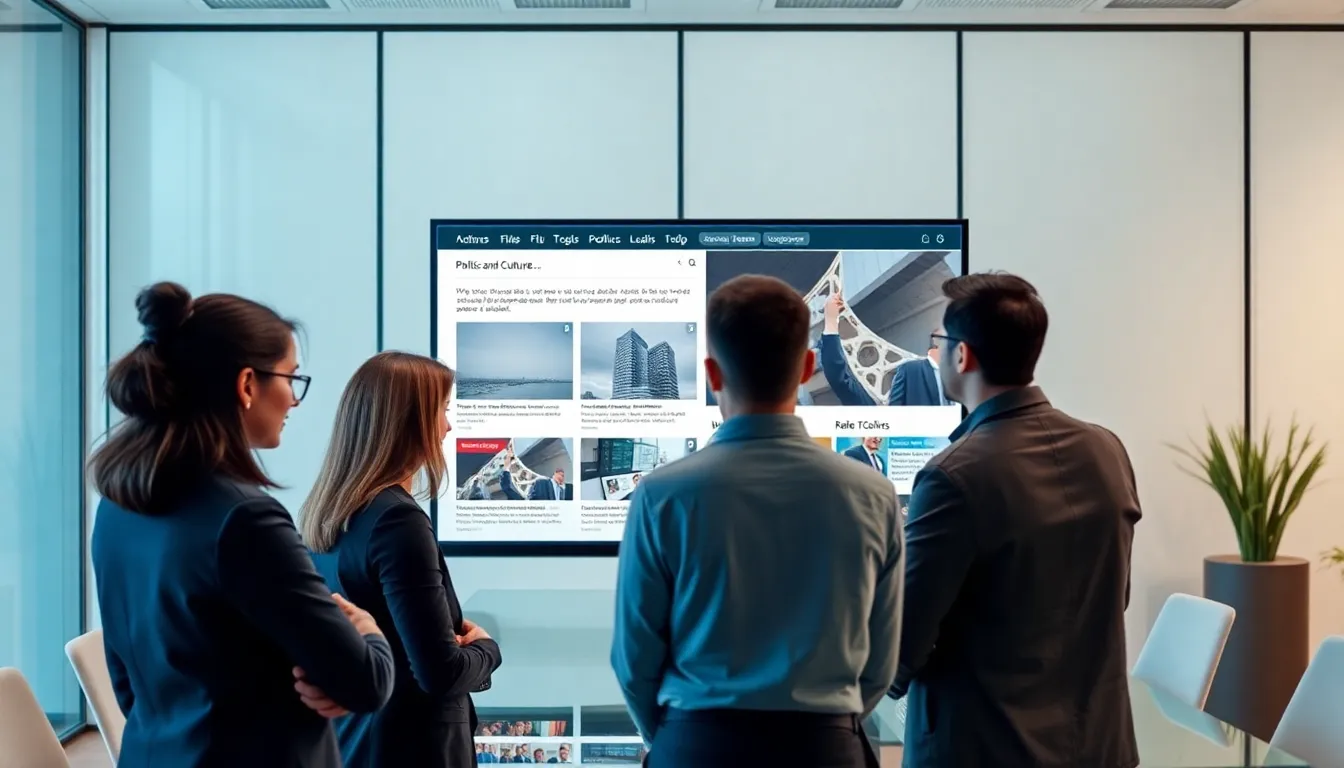 diverse professionals discussing content on a modern office screen.