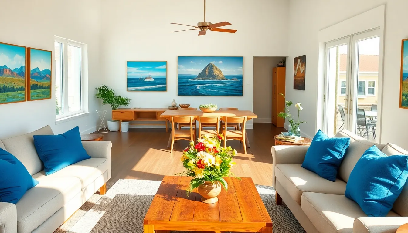 inviting living space with local art and beach-themed decor.