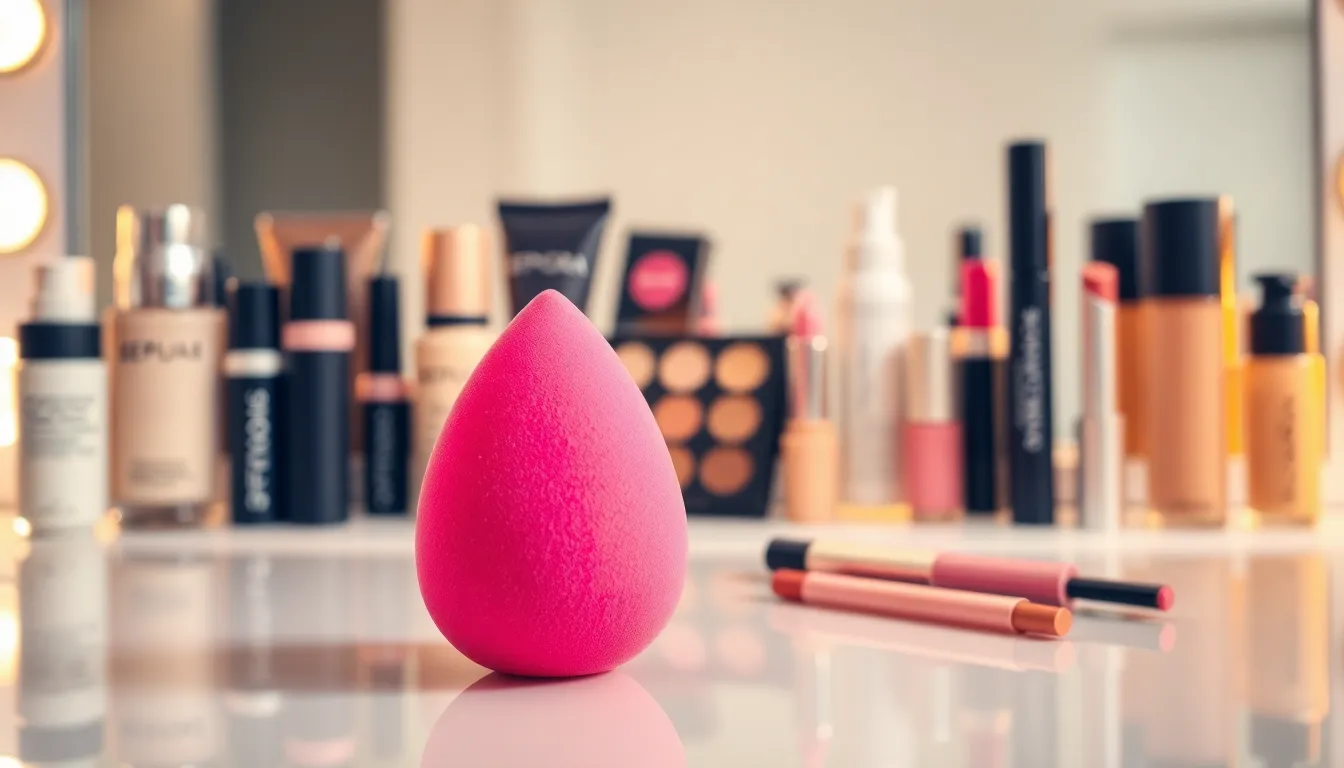 Beauty Blender on a modern vanity with Sephora makeup products.