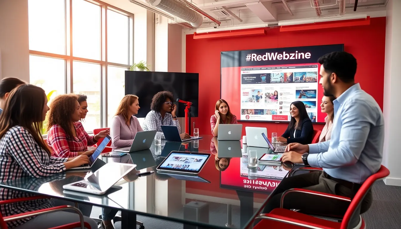 diverse team collaborating in a modern office on social media strategy.