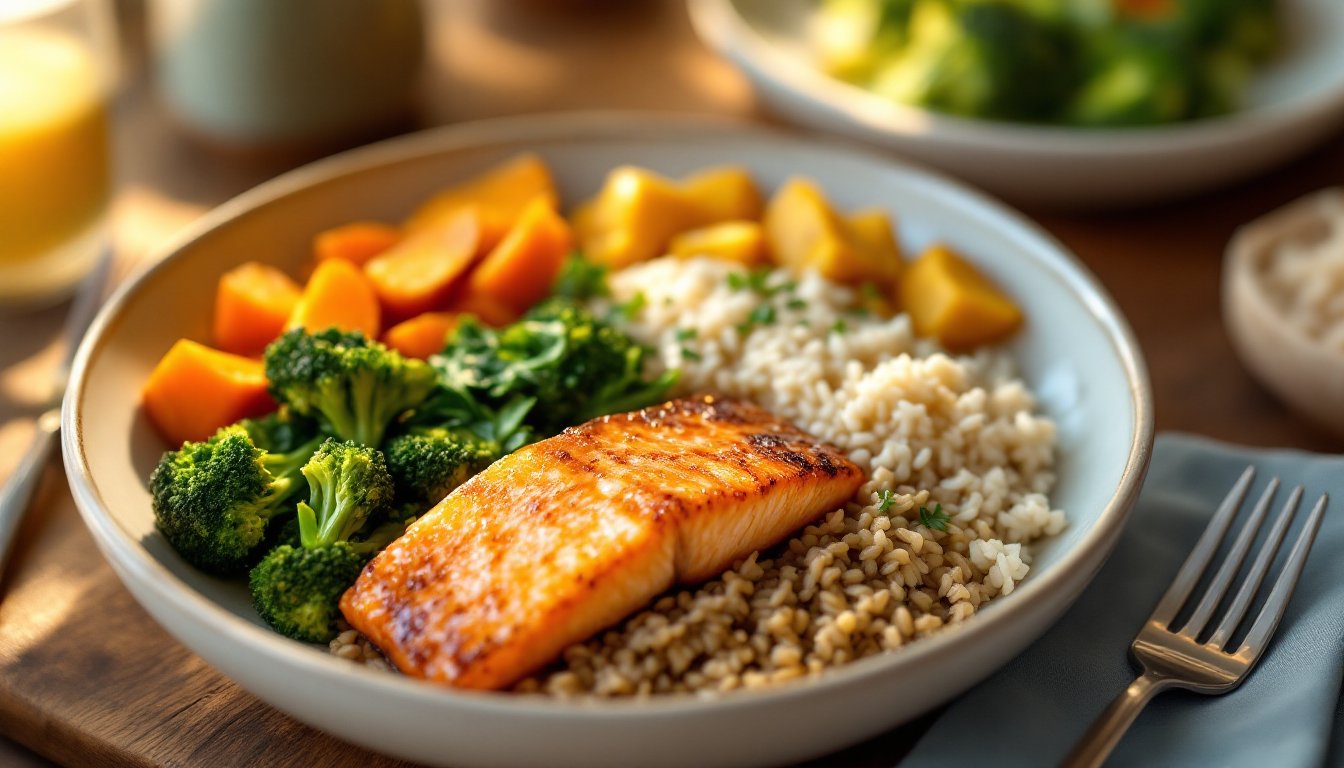 A balanced lunch bowl with salmon, brown rice, and cooked vegetables on a wooden table.