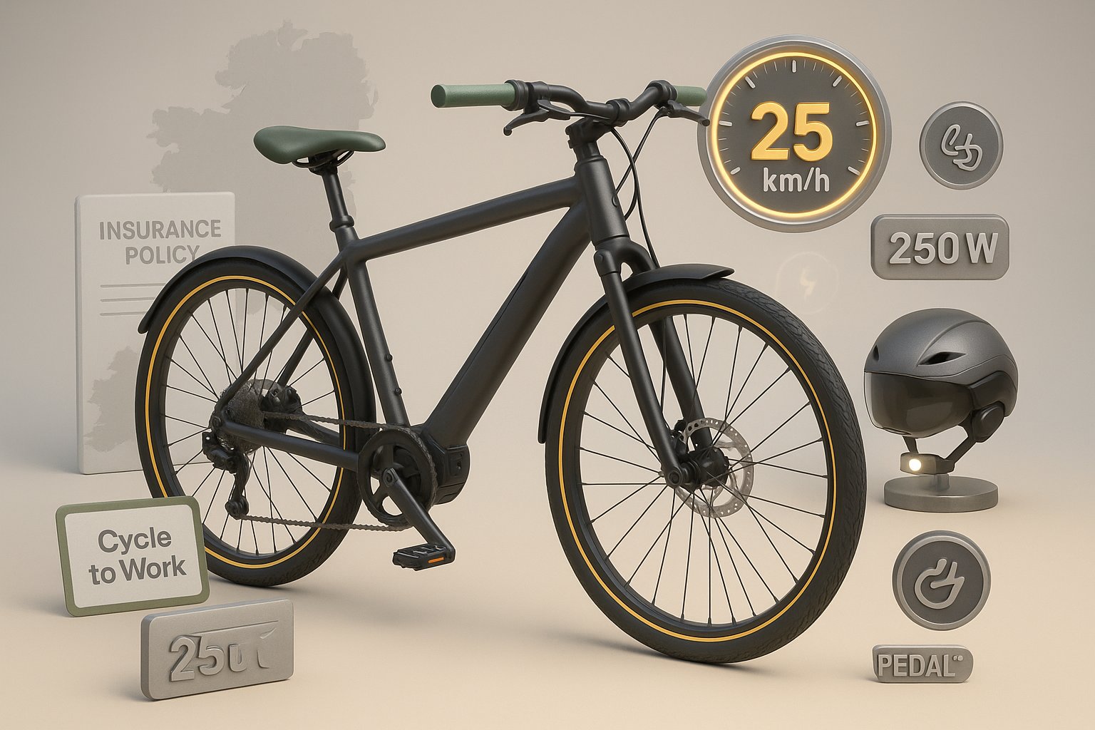 3D render of an electric bike with legal-limit badges and helmet