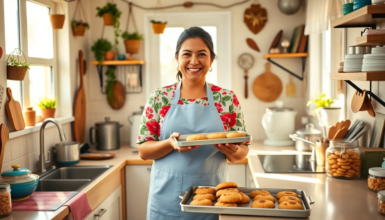 Nolmenes Palken in her kitchen, holding a tray of freshly baked cookies.