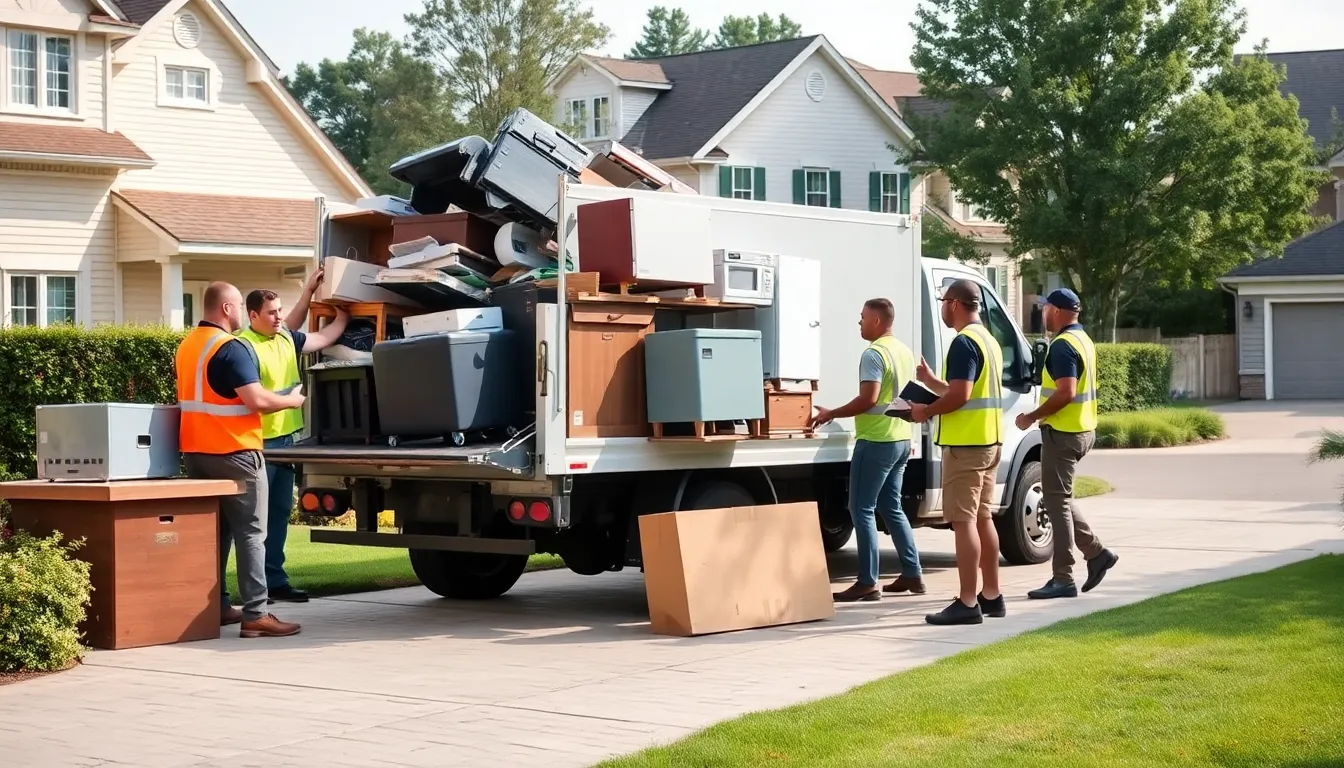 diverse junk removal team loading items into a truck in a suburban setting.