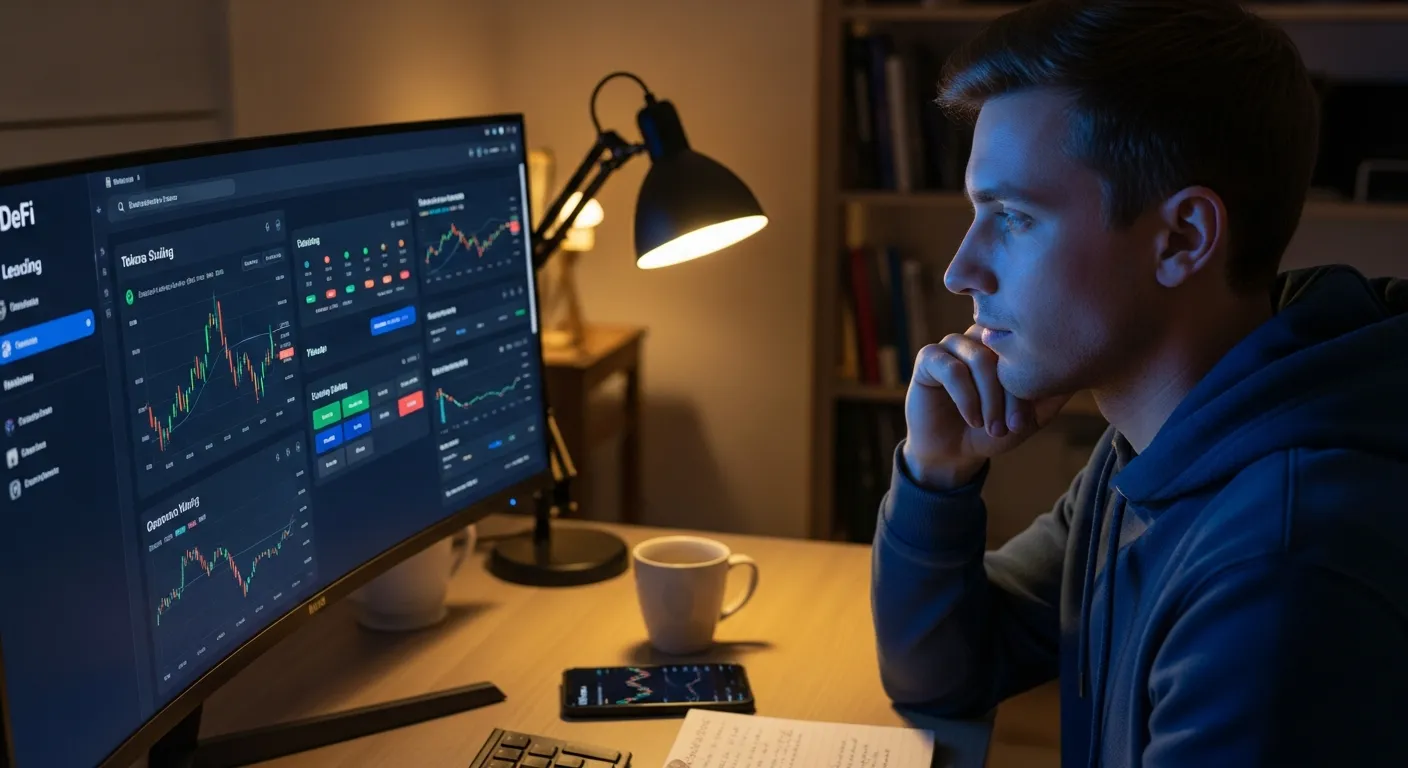 Man at desk studying DeFi platform and crypto staking on computer screen.