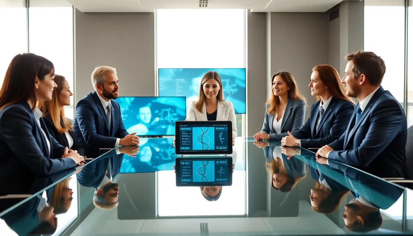 diverse biotech sales team in a modern office meeting.