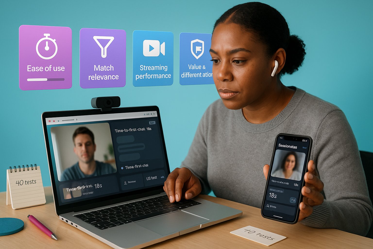 Reviewer testing a video-chat app with floating evaluation cards and laptop.
