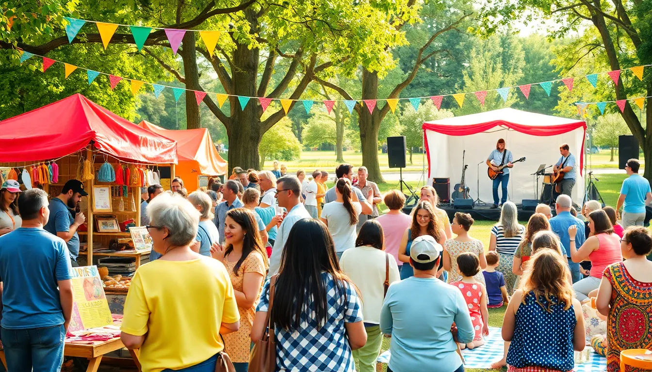 diverse community members enjoying an artisan market and free concert.