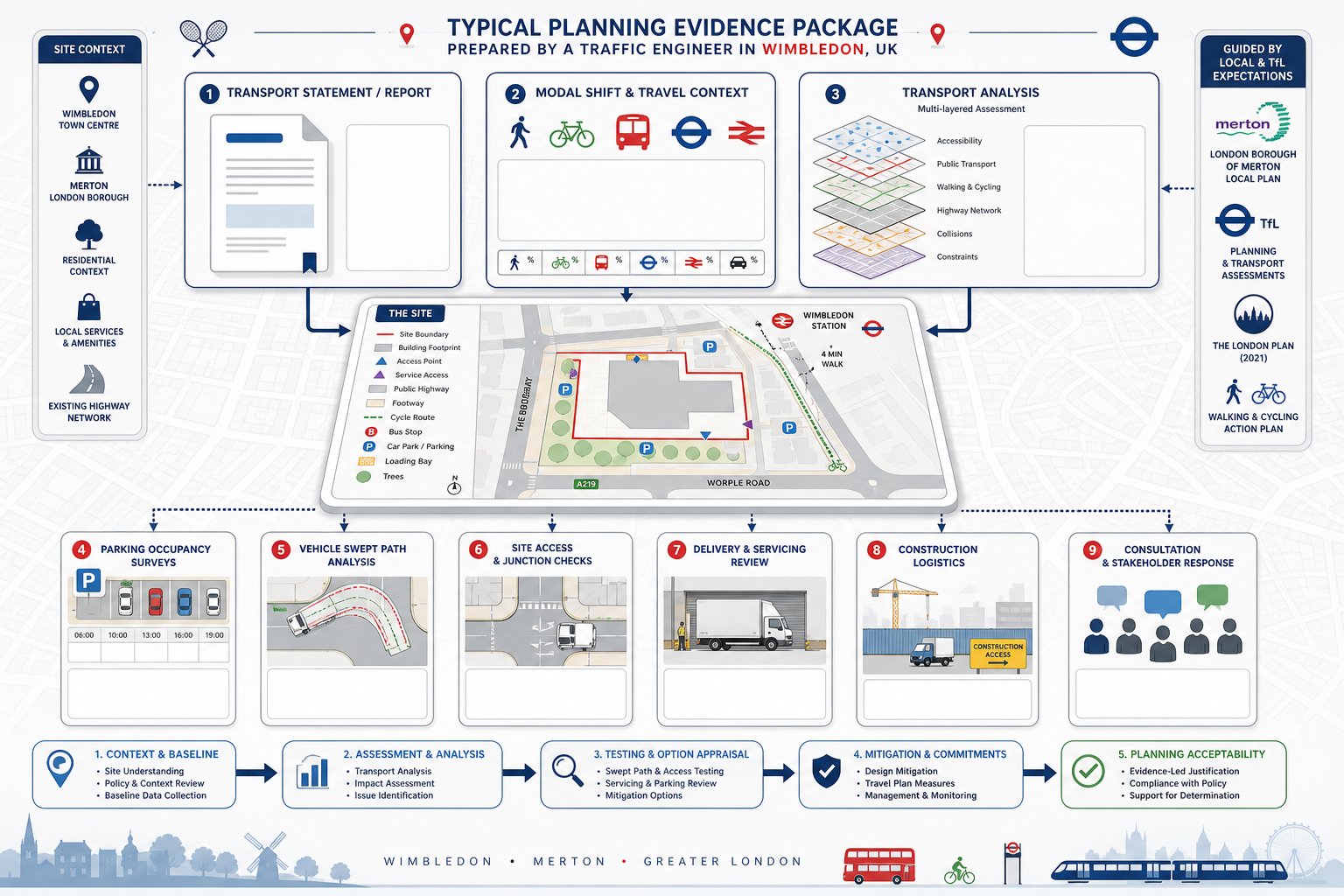 Infographic of planning reports and transport studies for a Wimbledon development site.