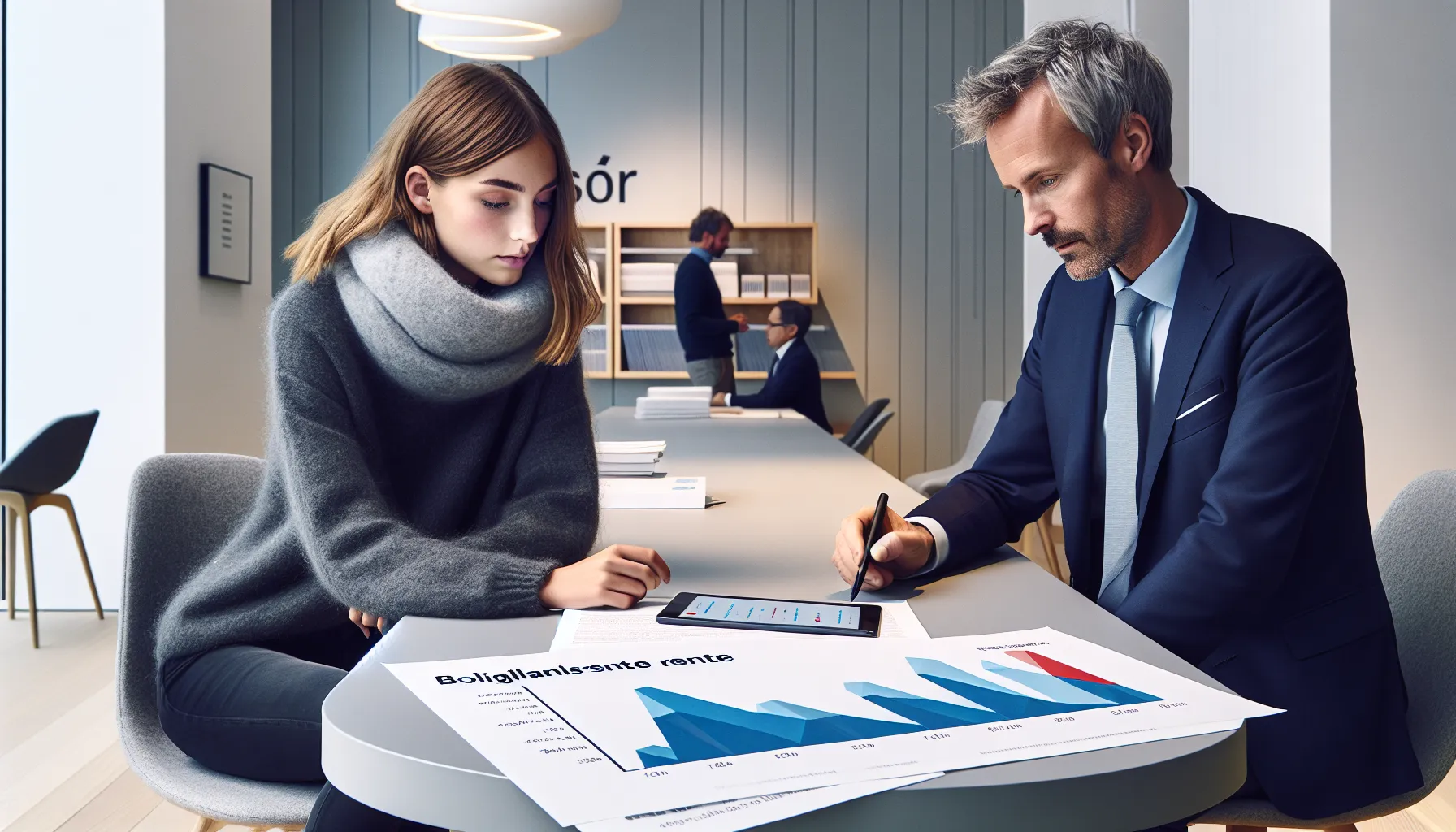 Norwegian borrower reviews nibor charts with bank advisor to negotiate mortgage.