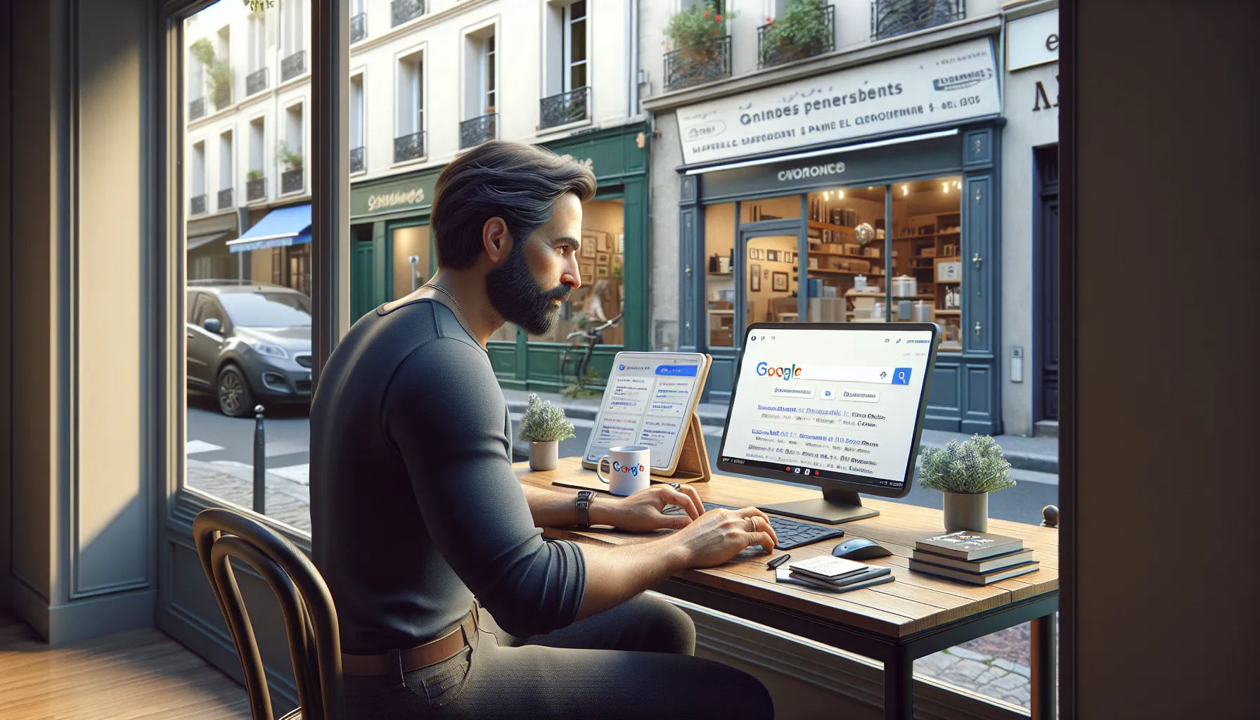 Local business owner in Aubervilliers checking top Google search and Map results.