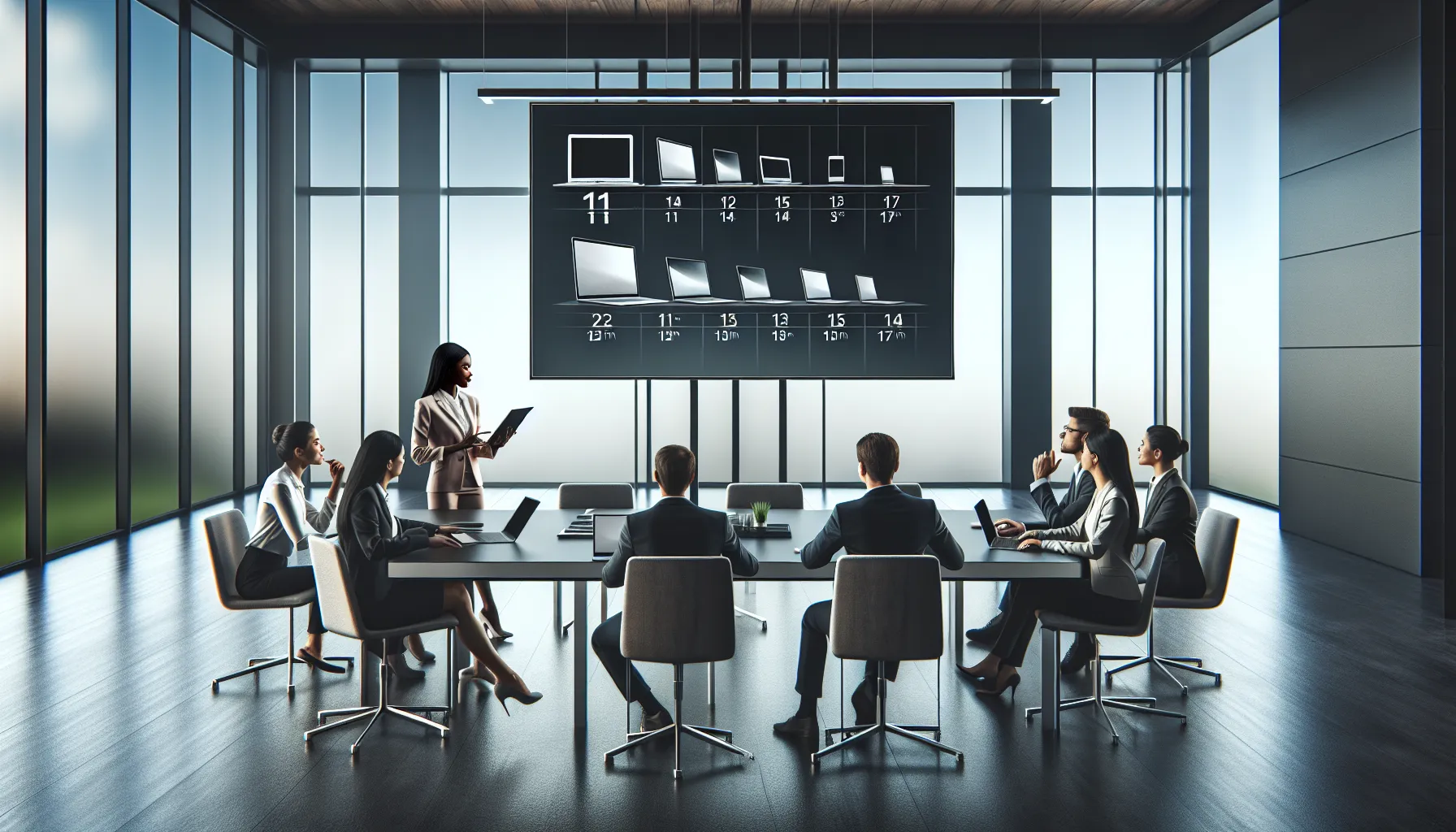 diverse team discussing laptop sizes in a modern office.