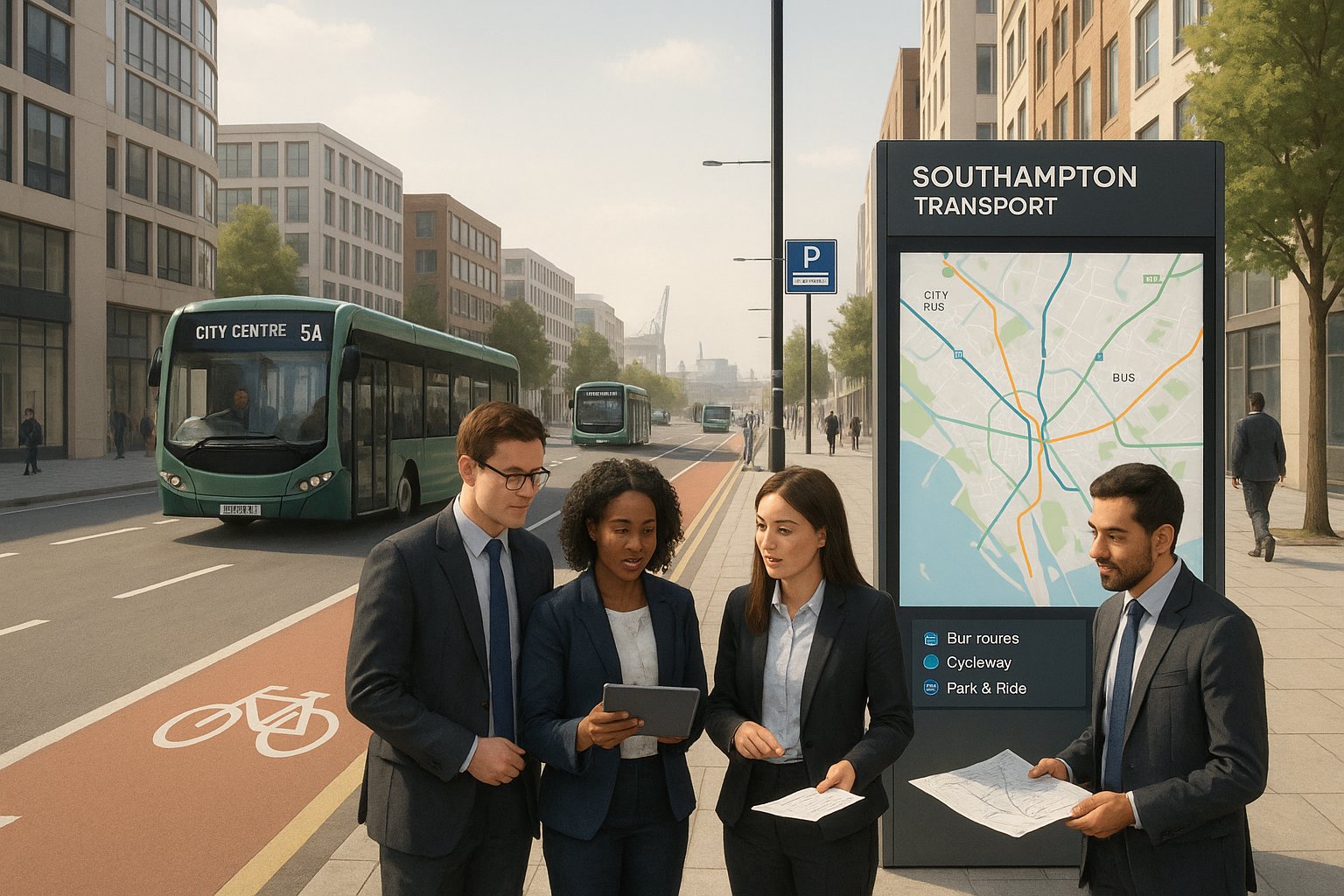 Transport planners reviewing sustainable city travel plans in Southampton.