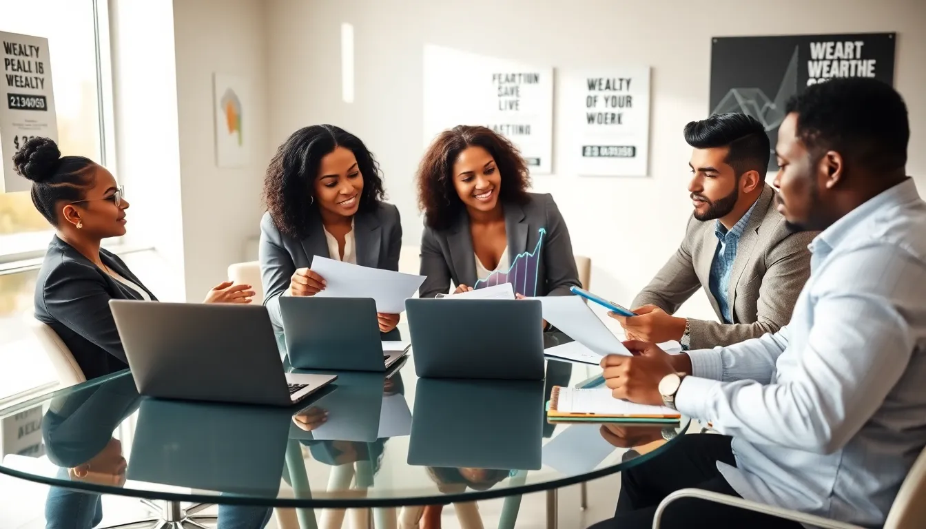 diverse professionals discussing wealth building strategies in a modern office.