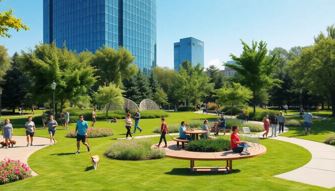 diverse people enjoying a green park in an urban setting.