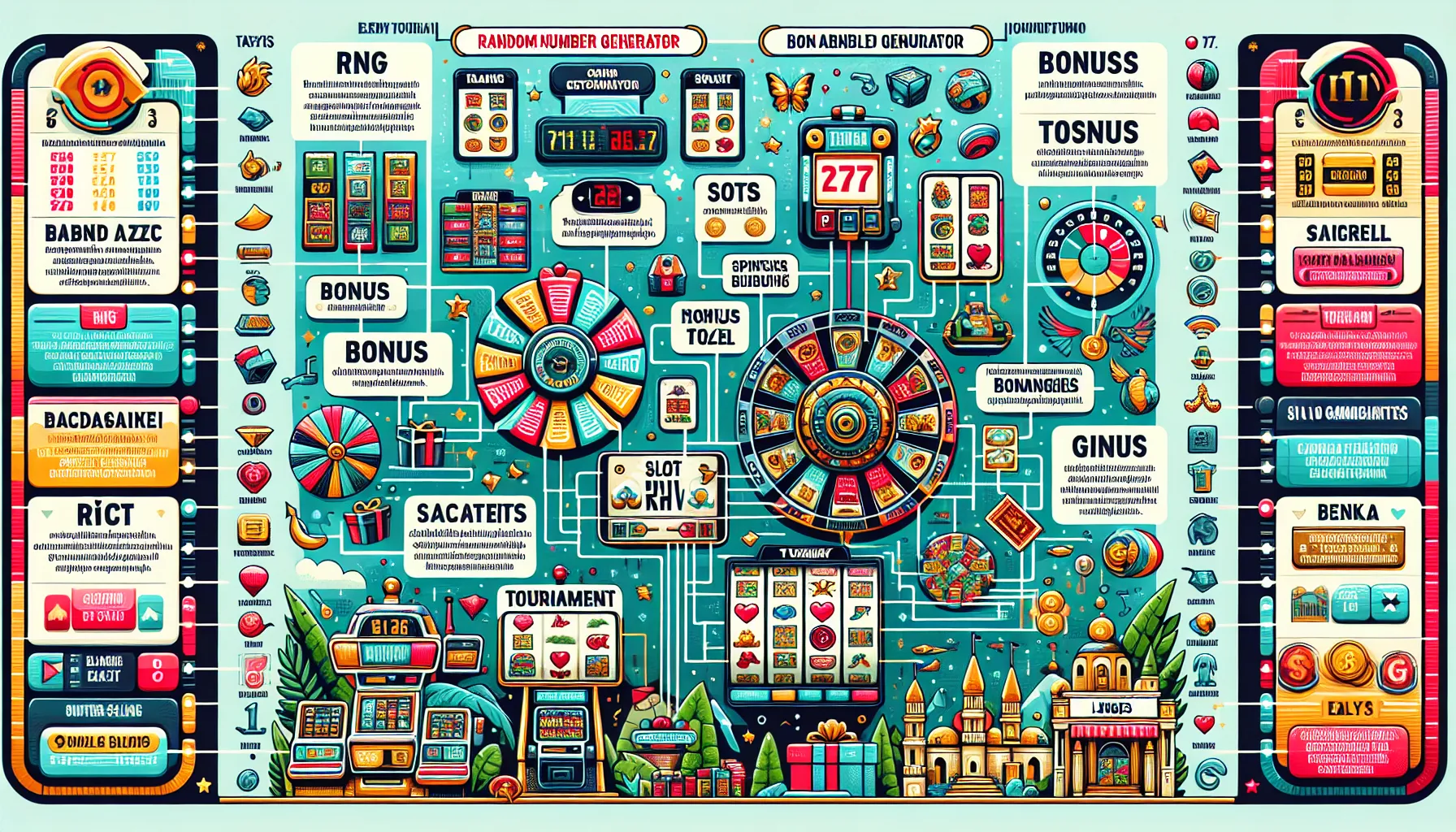 Infographic showing bonus features and mechanisms of slot games in Turkey.