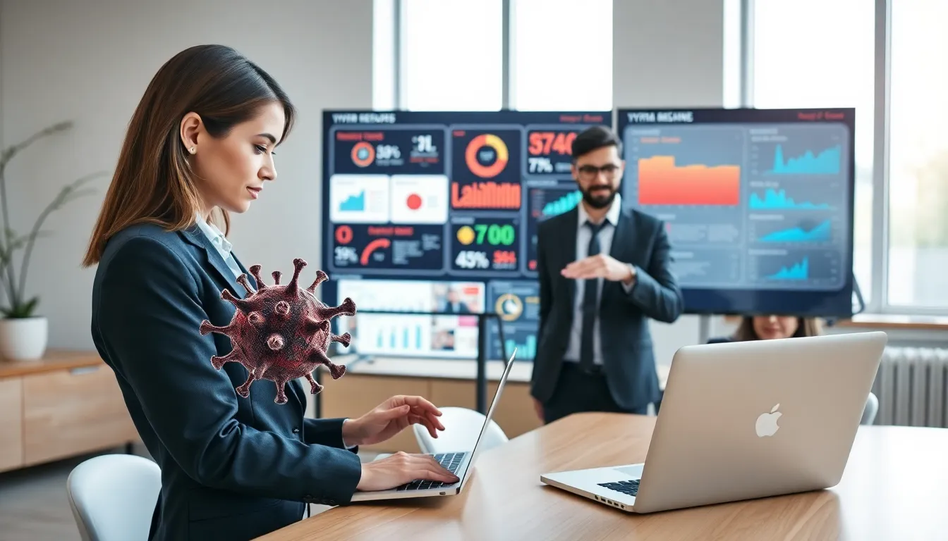 professionals discussing digital security with Apple devices in a modern office.