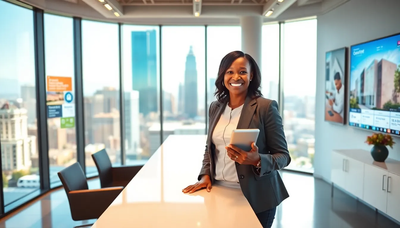 a confident woman in a modern real estate office with digital listings.