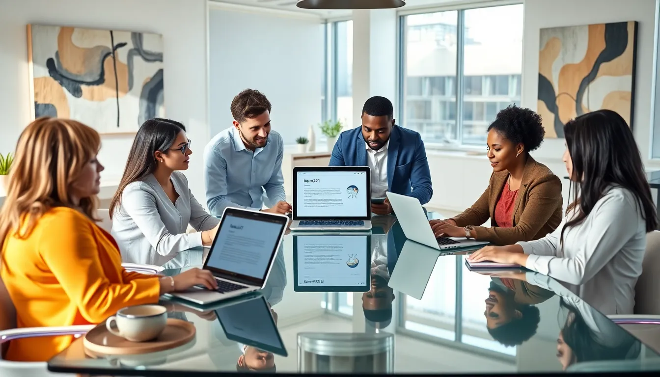 diverse professionals collaborating on Ijes1121 in a modern office.