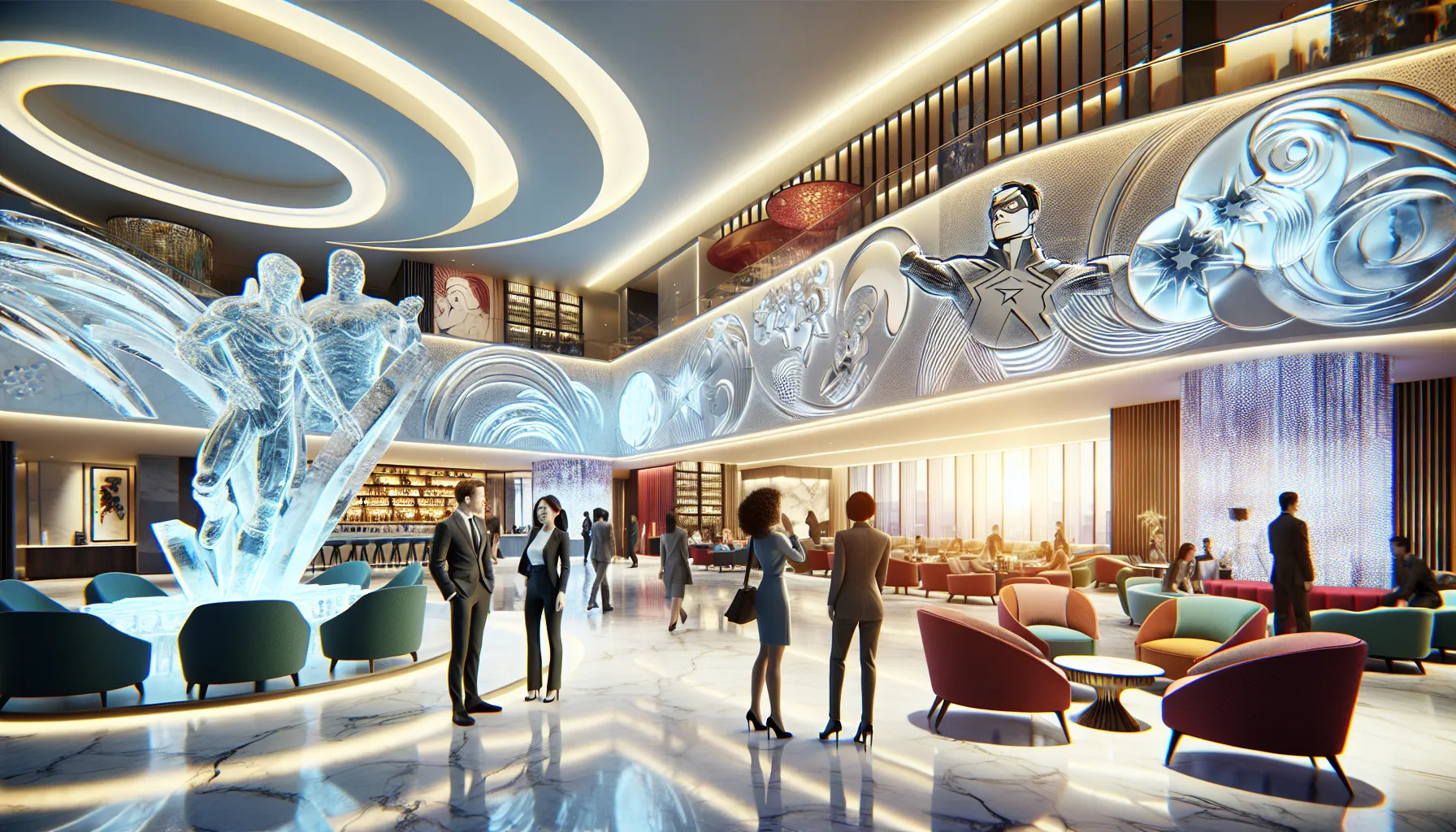 modern hotel lobby with ice sculptures and superhero motifs.