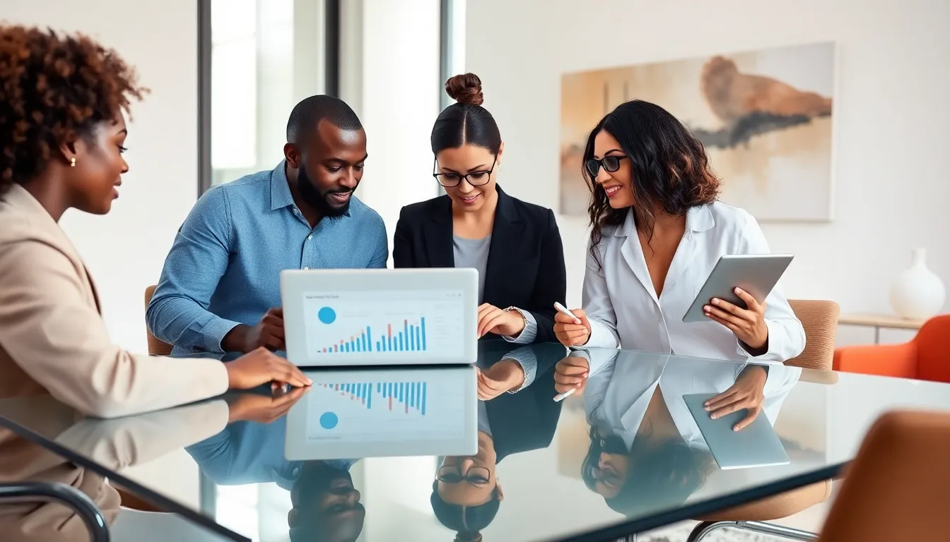 diverse team discussing Google Ads management costs in a modern office.