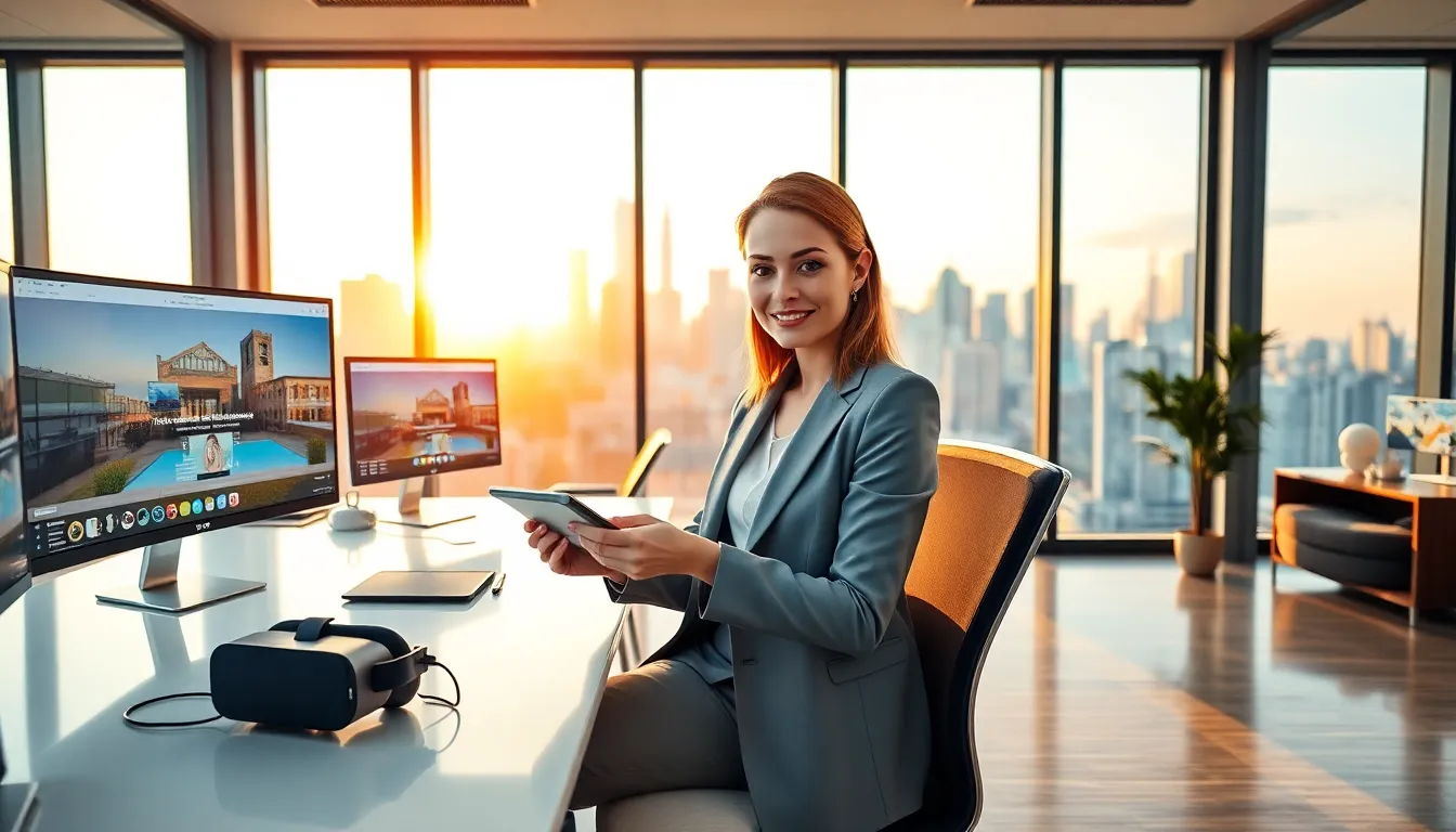 A woman working with modern technology in a real estate office.