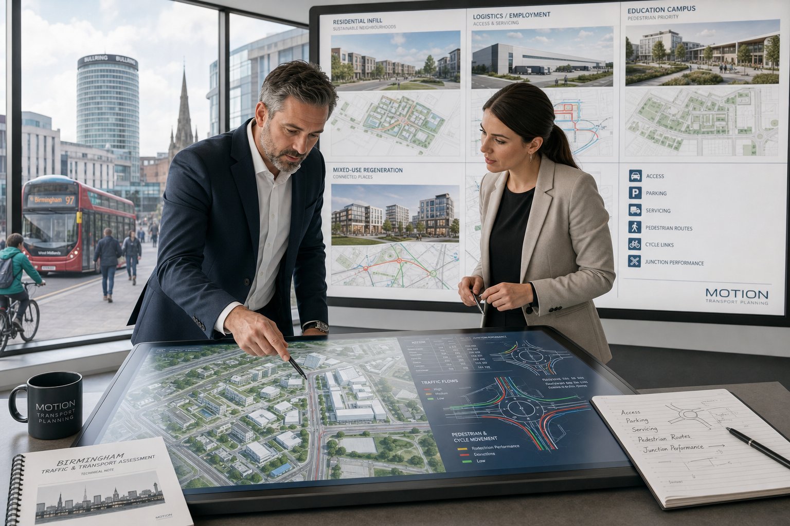 Traffic engineers reviewing urban development transport plans in a modern Birmingham office.